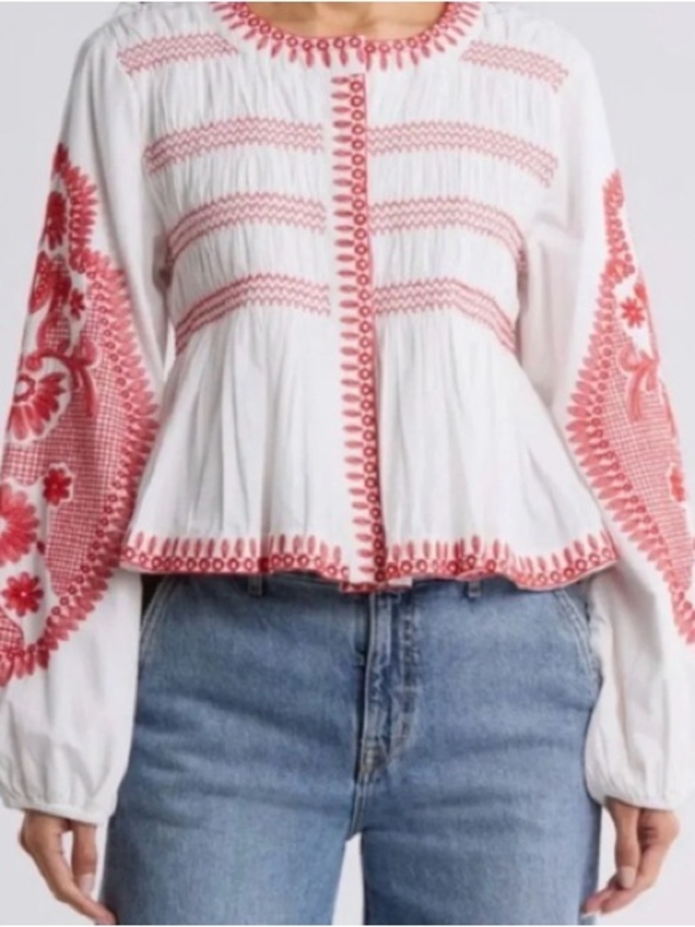 7 For All Mankind White Blouse with Red Embroidered Detail